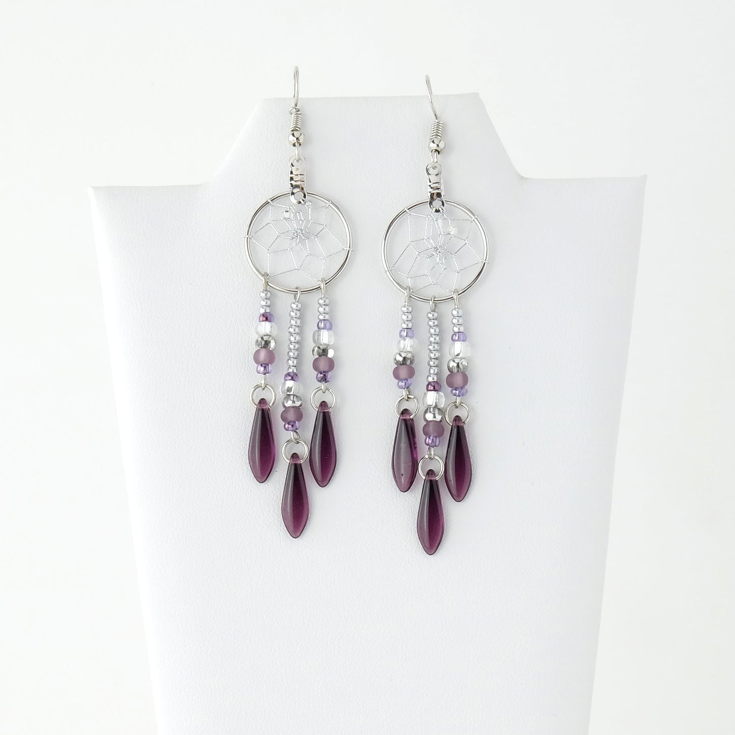 .75" Dream Catcher Amethyst Glass Bead Earrings