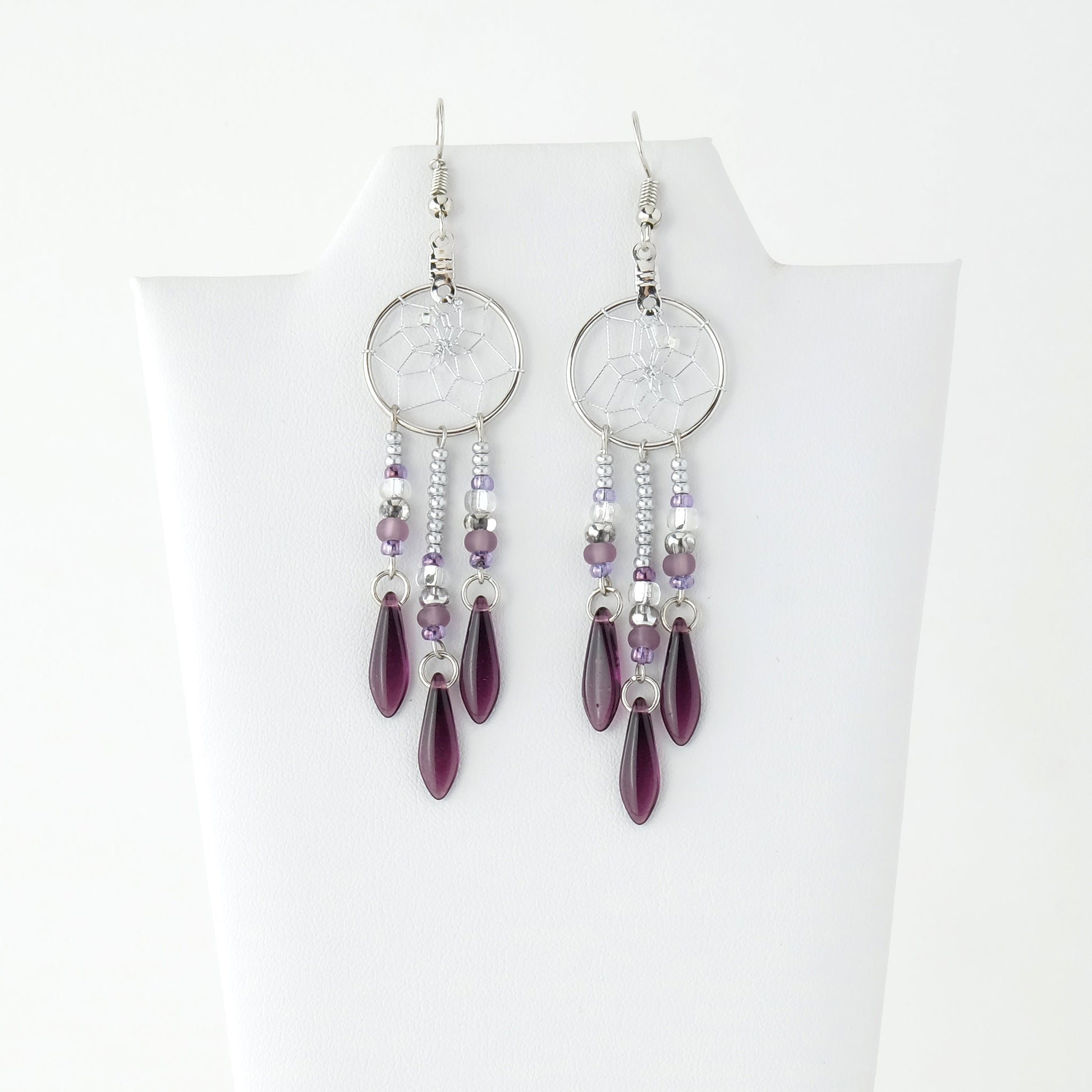 .75" Dream Catcher Amethyst Glass Bead Earrings