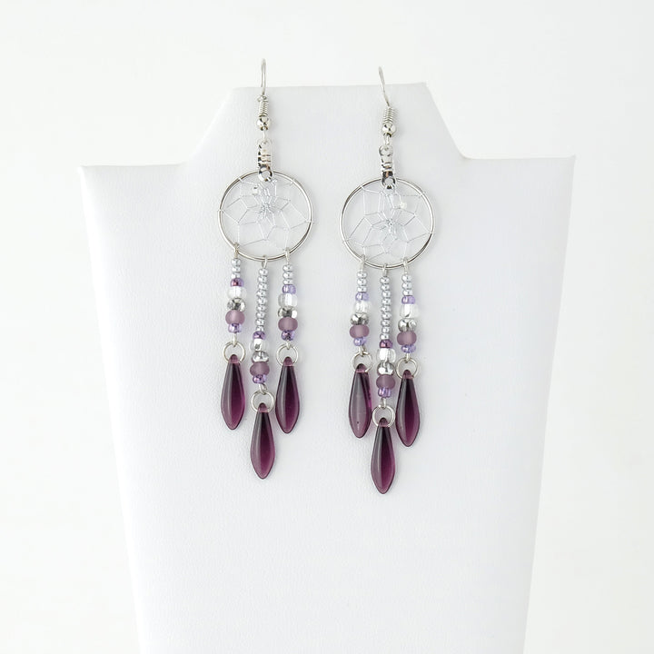 .75" Dream Catcher Amethyst Glass Bead Earrings